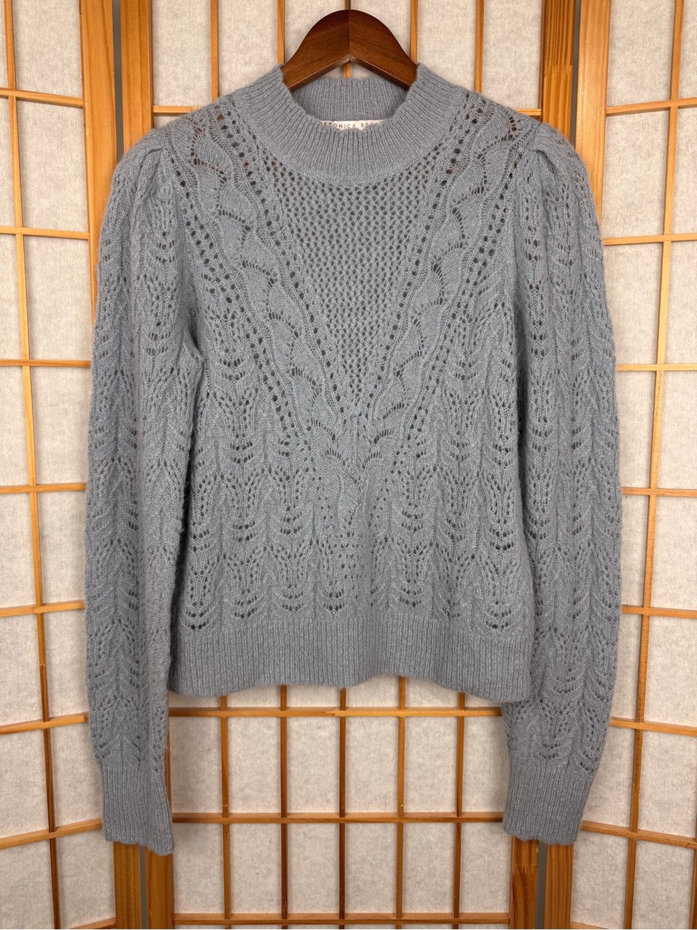 Veronica Beard Devi Alpaca Merino Wool Pointelle Knit Puff Sleeve Sweater Blue S